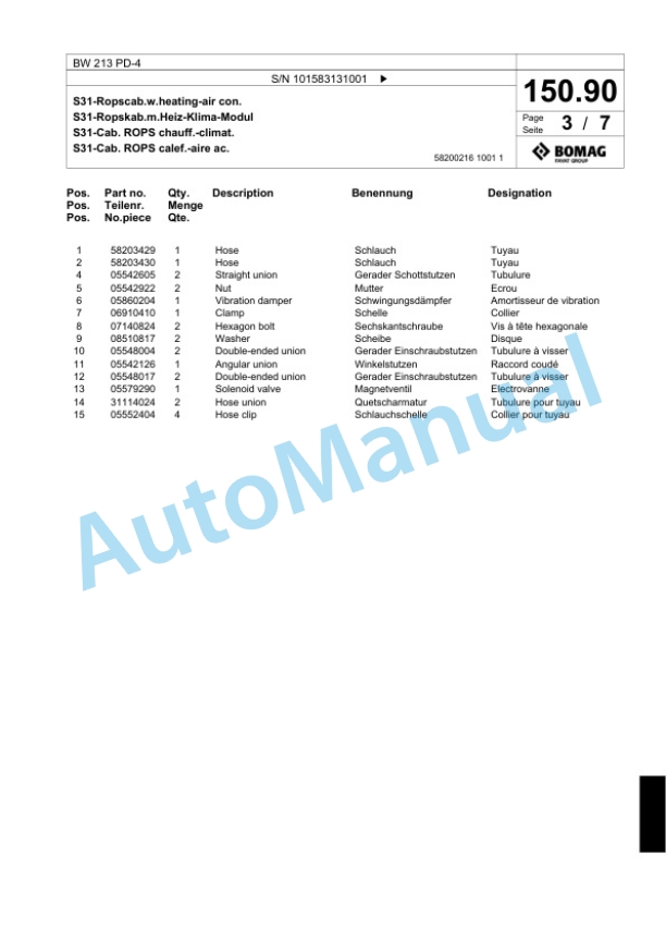 Bomag BW 213 PD-4 Single Drum Wheel Drive Vibratory Roller Spare Parts Catalogue 00818335-5