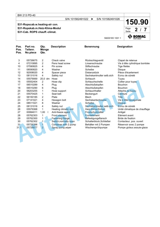Bomag BW 213 PD-40 Single Drum Wheel Drive Vibratory Roller Spare Parts Catalogue 00818063-3