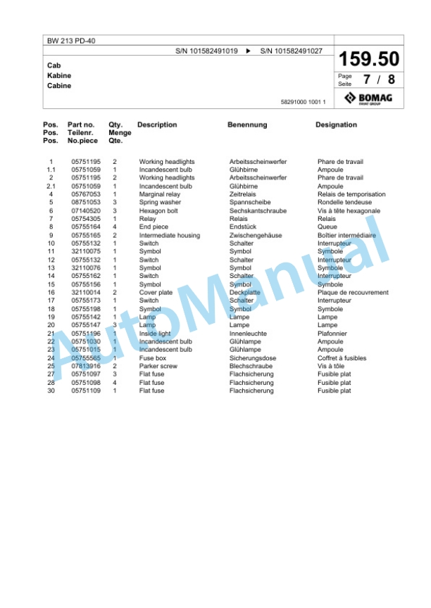 Bomag BW 213 PD-40 Single Drum Wheel Drive Vibratory Roller Spare Parts Catalogue 00818063-5