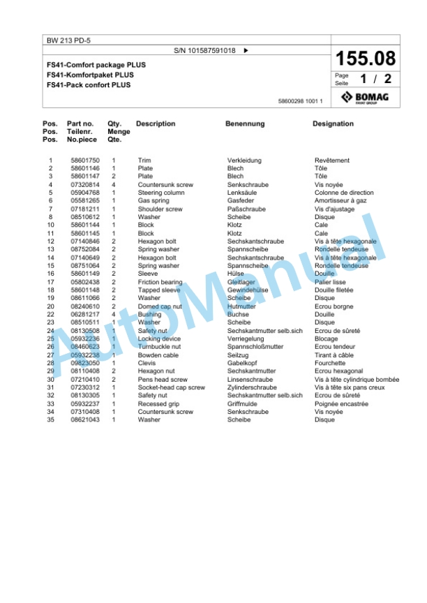 Bomag BW 213 PD-5 Single Drum Wheel Drive Vibratory Roller Spare Parts Catalogue 00826165-4