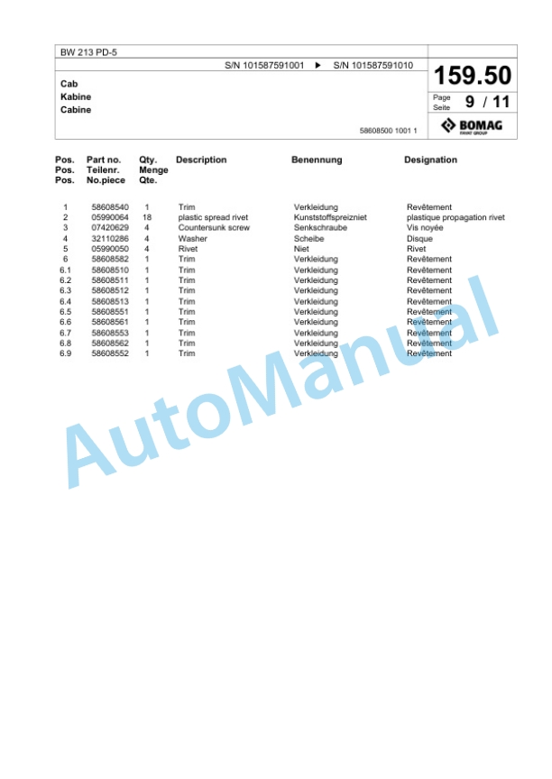 Bomag BW 213 PD-5 Single Drum Wheel Drive Vibratory Roller Spare Parts Catalogue 00826165-5