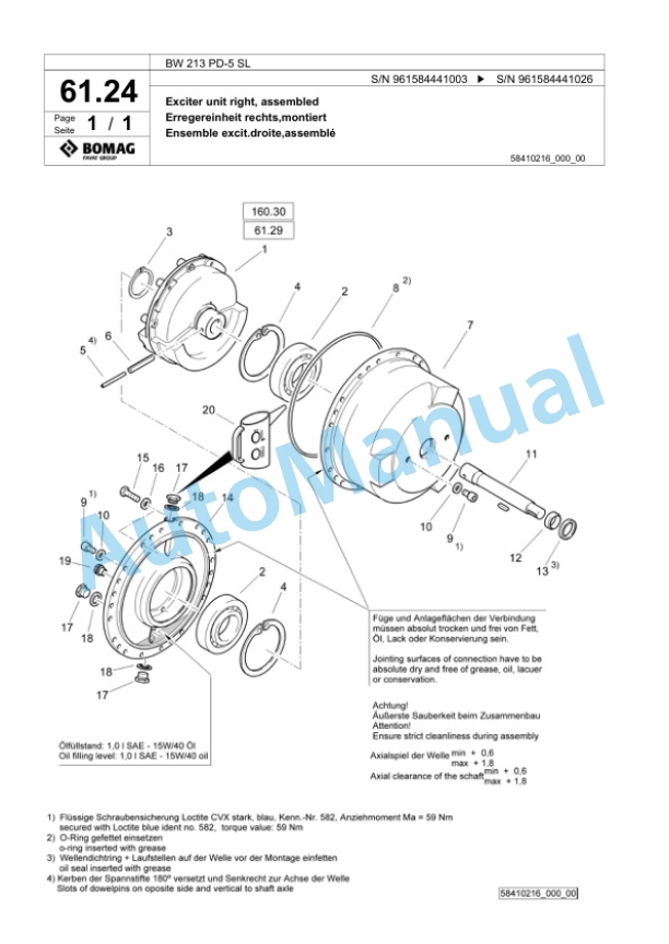 Bomag BW 213 PD-5 SL Single Drum Wheel Drive Vibratory Roller Spare Parts Catalogue 00826711-2