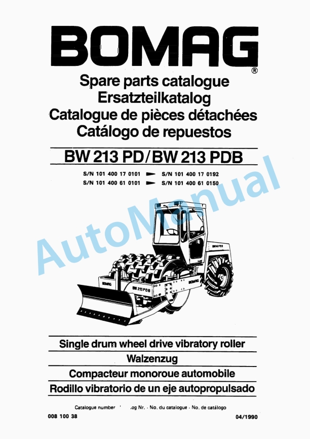 Bomag BW 213 PD, BW 213 PDB Single Drum Wheel Drive Vibratory Roller Spare Parts Catalogue 00810038