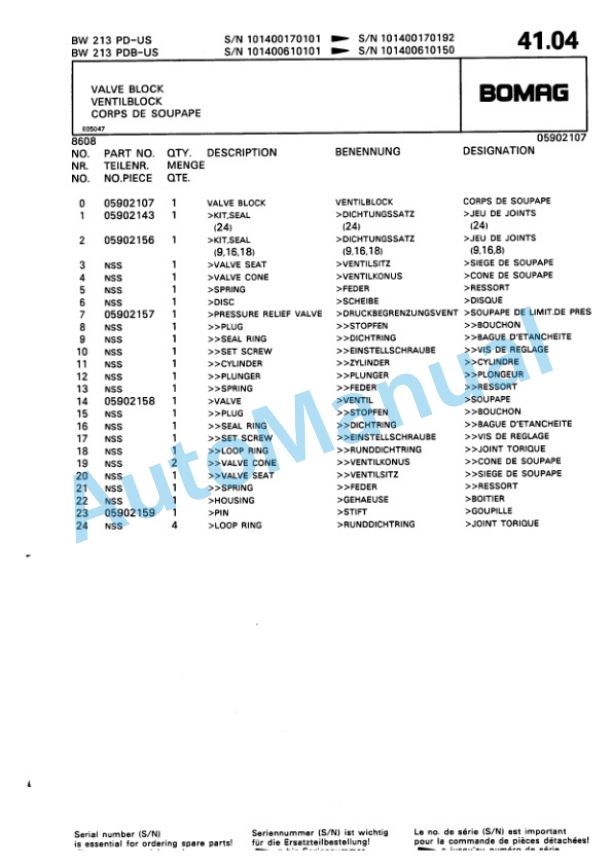 Bomag BW 213 PD, BW 213 PDB Single Drum Wheel Drive Vibratory Roller Spare Parts Catalogue 00810038-3