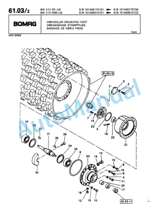 Bomag BW 213 PD, BW 213 PDB Single Drum Wheel Drive Vibratory Roller Spare Parts Catalogue 00810038-4
