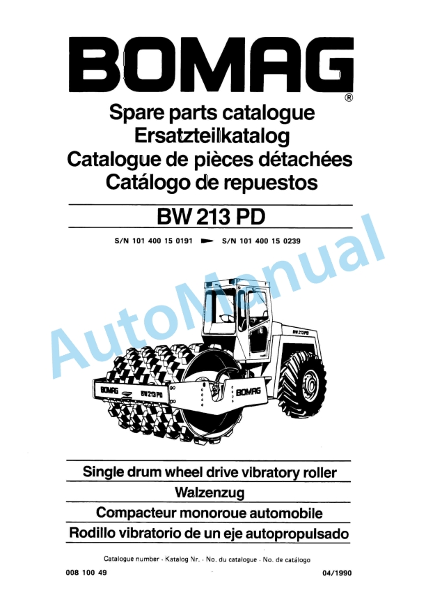 Bomag BW 213 PD Single Drum Wheel Drive Vibratory Roller Spare Parts Catalogue 00810049