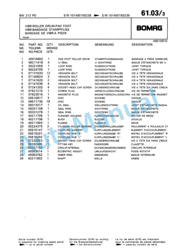 Bomag BW 213 PD Single Drum Wheel Drive Vibratory Roller Spare Parts Catalogue 00810049-5