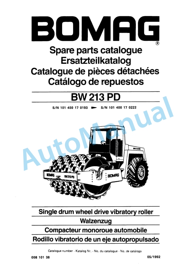 Bomag BW 213 PD Single Drum Wheel Drive Vibratory Roller Spare Parts Catalogue 00810138
