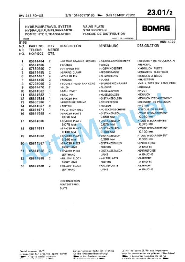Bomag BW 213 PD Single Drum Wheel Drive Vibratory Roller Spare Parts Catalogue 00810138-2