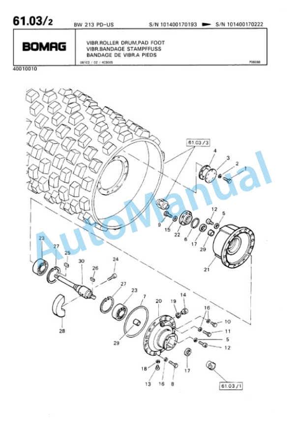 Bomag BW 213 PD Single Drum Wheel Drive Vibratory Roller Spare Parts Catalogue 00810138-4