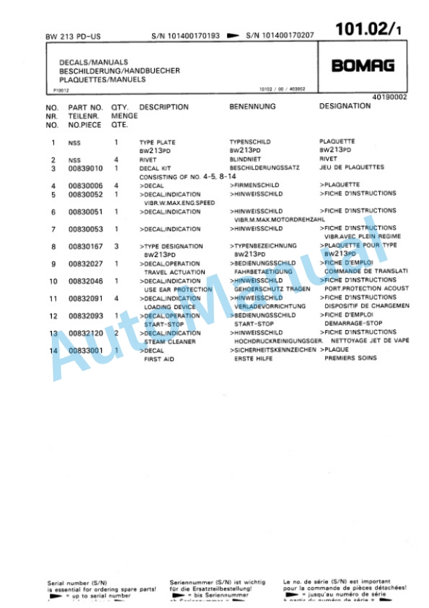 Bomag BW 213 PD Single Drum Wheel Drive Vibratory Roller Spare Parts Catalogue 00810138-5