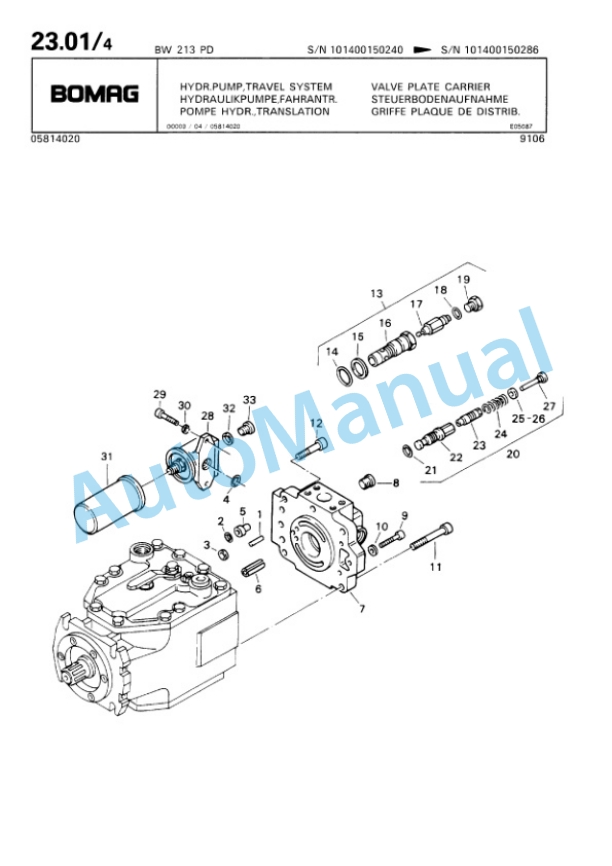 Bomag BW 213 PD Single Drum Wheel Drive Vibratory Roller Spare Parts Catalogue 00810149-2