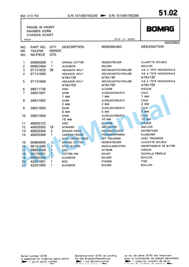 Bomag BW 213 PD Single Drum Wheel Drive Vibratory Roller Spare Parts Catalogue 00810149-3