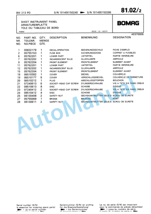Bomag BW 213 PD Single Drum Wheel Drive Vibratory Roller Spare Parts Catalogue 00810149-4