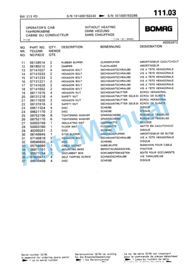 Bomag BW 213 PD Single Drum Wheel Drive Vibratory Roller Spare Parts Catalogue 00810149-5