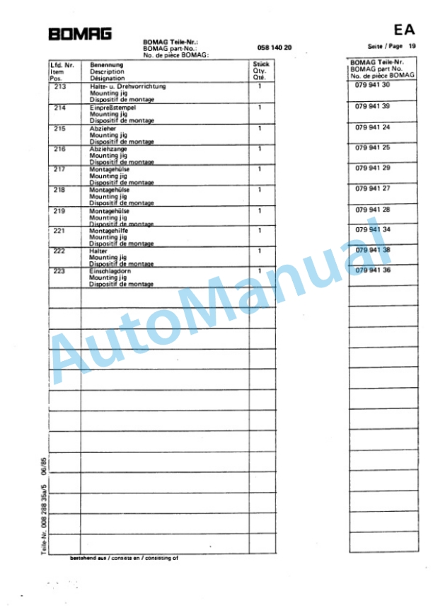 Bomag BW 213 PD Spare Parts Catalogue 00814292-2