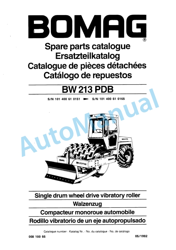 Bomag BW 213 PDB Single Drum Wheel Drive Vibratory Roller Spare Parts Catalogue 00810066