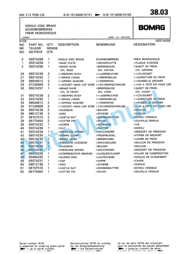 Bomag BW 213 PDB Single Drum Wheel Drive Vibratory Roller Spare Parts Catalogue 00810066-3