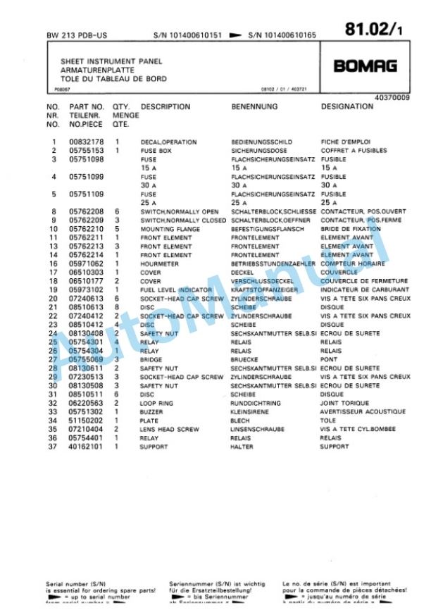Bomag BW 213 PDB Single Drum Wheel Drive Vibratory Roller Spare Parts Catalogue 00810066-5