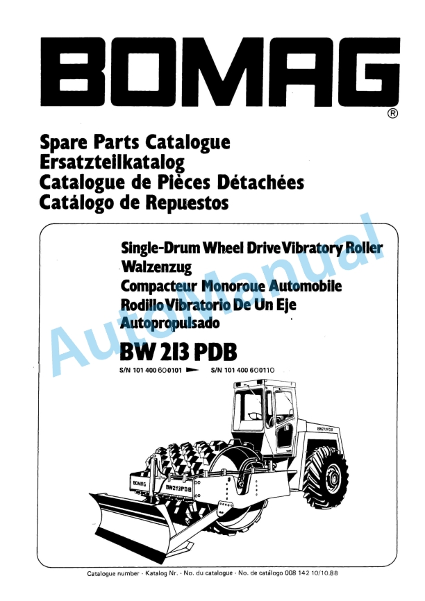 Bomag BW 213 PDB Single Drum Wheel Drive Vibratory Roller Spare Parts Catalogue 00814210