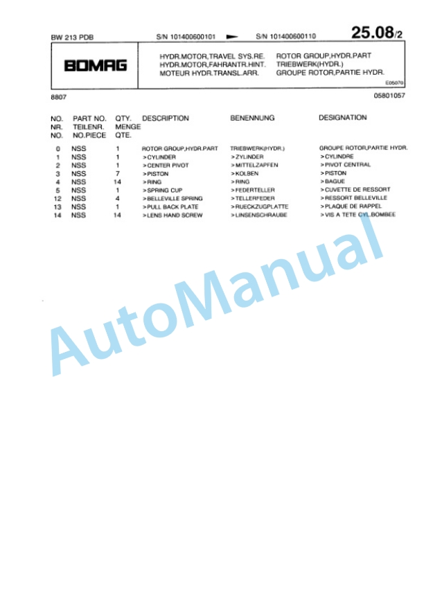 Bomag BW 213 PDB Single Drum Wheel Drive Vibratory Roller Spare Parts Catalogue 00814210-2