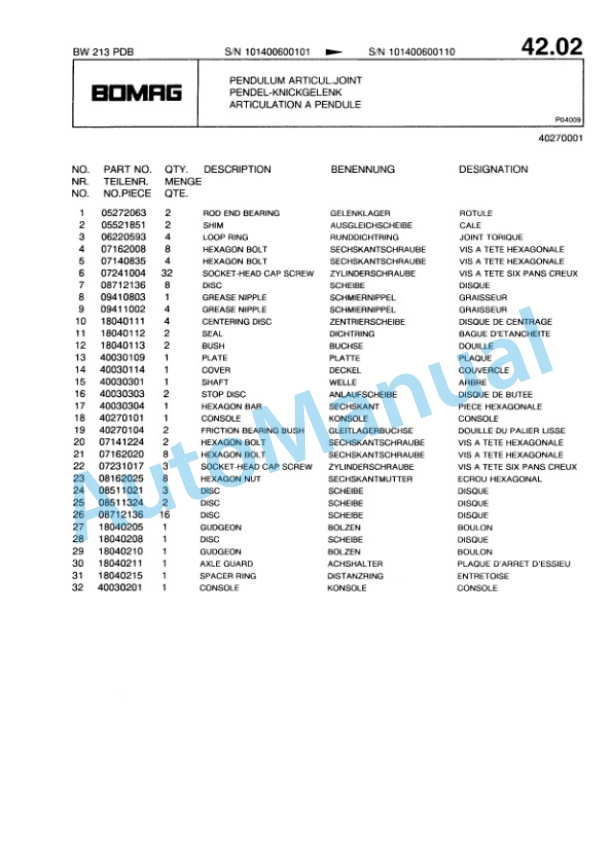 Bomag BW 213 PDB Single Drum Wheel Drive Vibratory Roller Spare Parts Catalogue 00814210-3