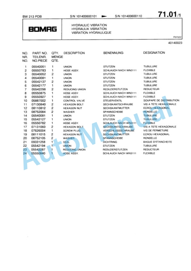 Bomag BW 213 PDB Single Drum Wheel Drive Vibratory Roller Spare Parts Catalogue 00814210-5