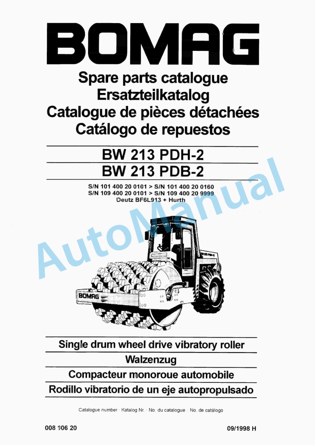 Bomag BW 213 PDH-2, BW 213 PDB-2 Single Drum Wheel Drive Vibratory Roller Spare Parts Catalogue 00810620