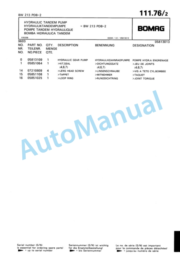 Bomag BW 213 PDH-2, BW 213 PDB-2 Single Drum Wheel Drive Vibratory Roller Spare Parts Catalogue 00810620-5