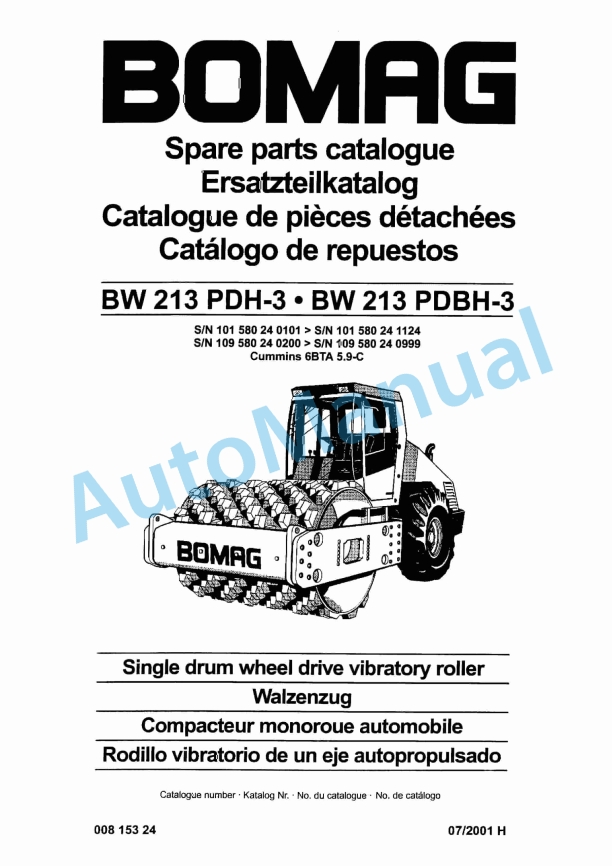 Bomag BW 213 PDH-3, BW 213 PDBH-3 Single Drum Wheel Drive Vibratory Roller Spare Parts Catalogue 00815324