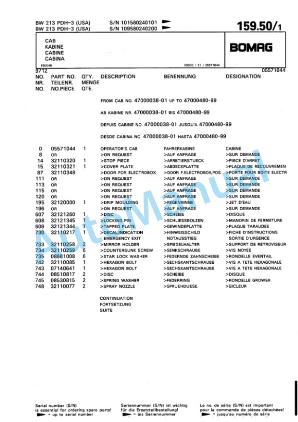 Bomag BW 213 PDH-3, BW 213 PDBH-3 Single Drum Wheel Drive Vibratory Roller Spare Parts Catalogue 00815324-4