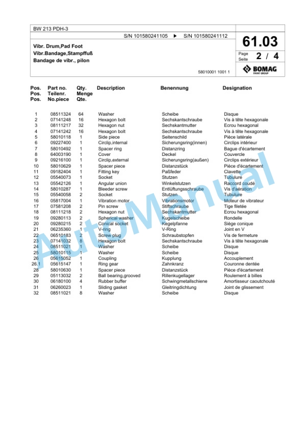 Bomag BW 213 PDH-3 Single Drum Wheel Drive Vibratory Roller Spare Parts Catalogue 00817529-2
