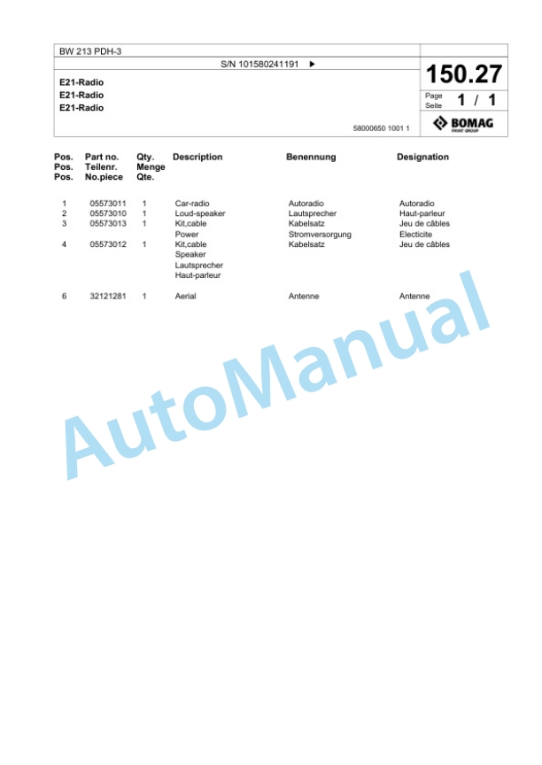Bomag BW 213 PDH-3 Single Drum Wheel Drive Vibratory Roller Spare Parts Catalogue 00817529-4