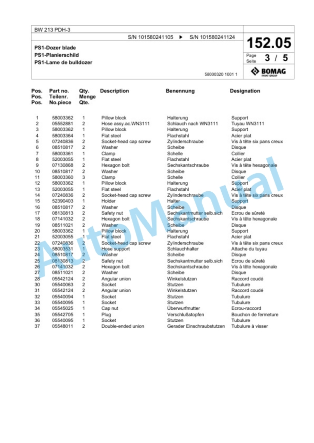 Bomag BW 213 PDH-3 Single Drum Wheel Drive Vibratory Roller Spare Parts Catalogue 00817529-5