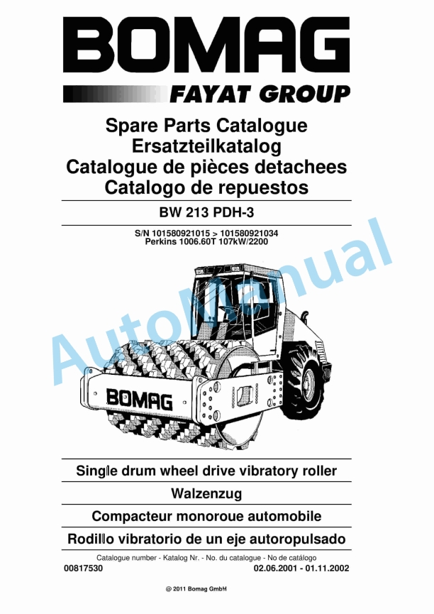 Bomag BW 213 PDH-3 Single Drum Wheel Drive Vibratory Roller Spare Parts Catalogue 00817530