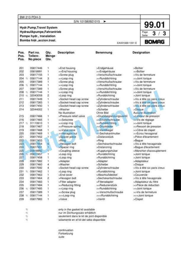 Bomag BW 213 PDH-3 Single Drum Wheel Drive Vibratory Roller Spare Parts Catalogue 00817530-2
