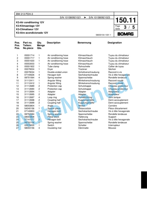 Bomag BW 213 PDH-3 Single Drum Wheel Drive Vibratory Roller Spare Parts Catalogue 00817530-3