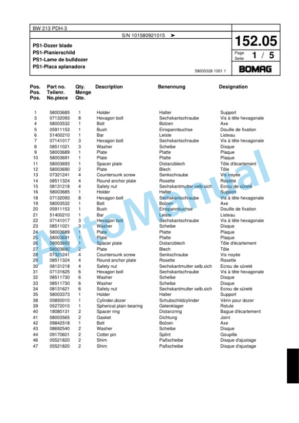 Bomag BW 213 PDH-3 Single Drum Wheel Drive Vibratory Roller Spare Parts Catalogue 00817530-4