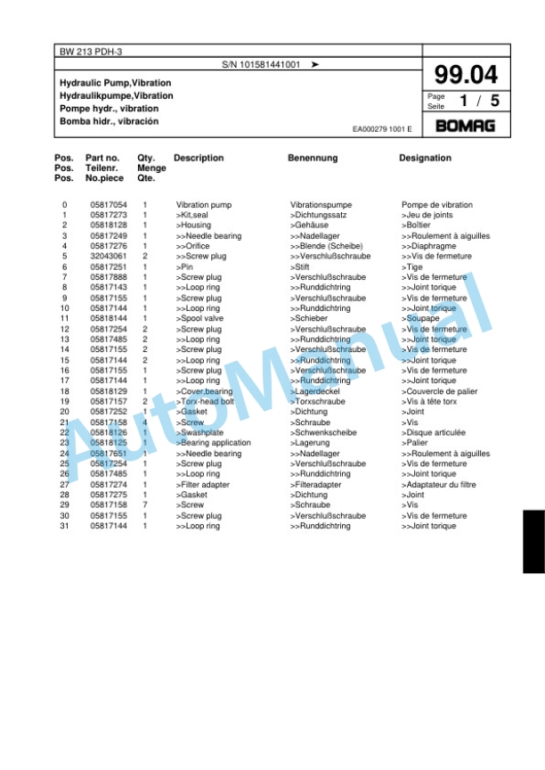 Bomag BW 213 PDH-3 Single Drum Wheel Drive Vibratory Roller Spare Parts Catalogue 00817590-3