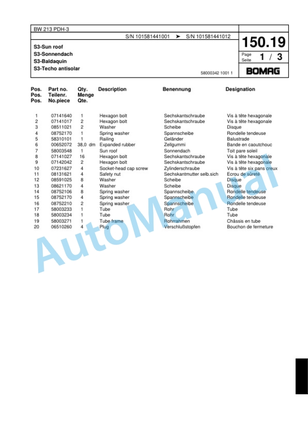 Bomag BW 213 PDH-3 Single Drum Wheel Drive Vibratory Roller Spare Parts Catalogue 00817590-5