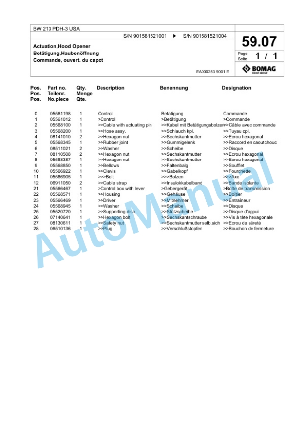 Bomag BW 213 PDH-3 USA Single Drum Wheel Drive Vibratory Roller Spare Parts Catalogue 00817673-2