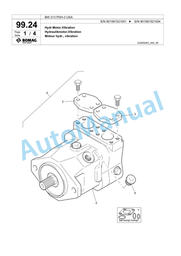 Bomag BW 213 PDH-3 USA Single Drum Wheel Drive Vibratory Roller Spare Parts Catalogue 00817673-3