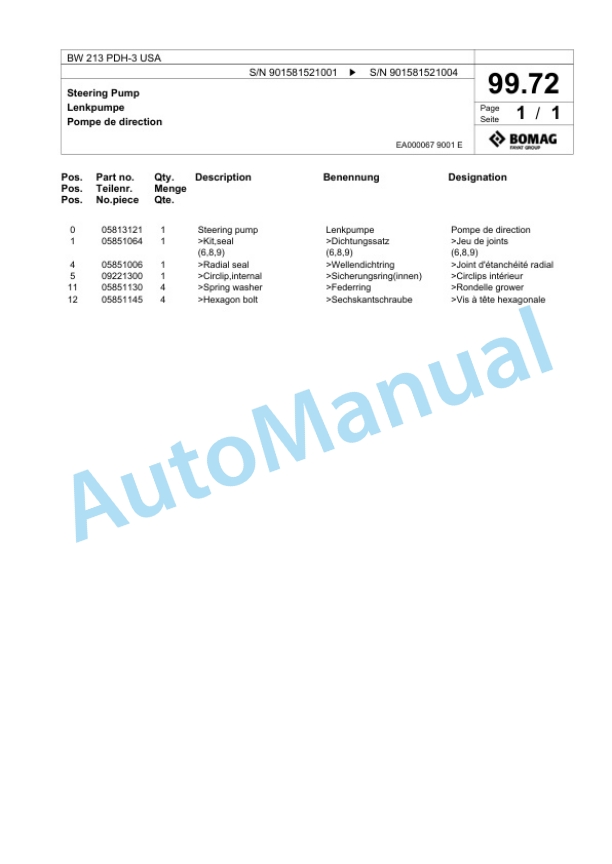 Bomag BW 213 PDH-3 USA Single Drum Wheel Drive Vibratory Roller Spare Parts Catalogue 00817673-4