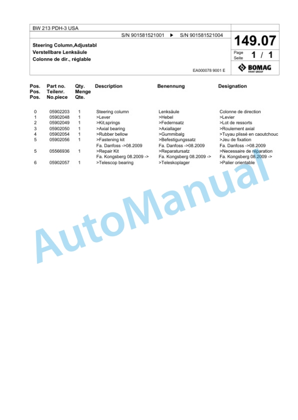 Bomag BW 213 PDH-3 USA Single Drum Wheel Drive Vibratory Roller Spare Parts Catalogue 00817673-5