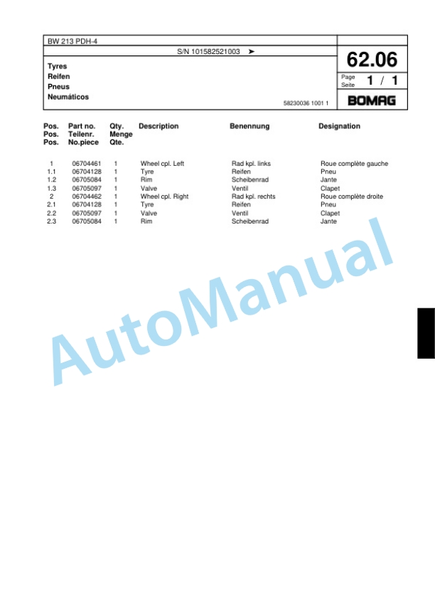 Bomag BW 213 PDH-4 Single Drum Wheel Drive Vibratory Roller Spare Parts Catalogue 00817777-2