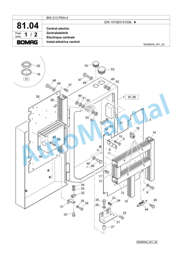Bomag BW 213 PDH-4 Single Drum Wheel Drive Vibratory Roller Spare Parts Catalogue 00818121-2