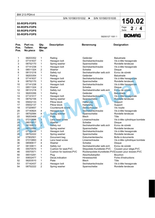 Bomag BW 213 PDH-4 Single Drum Wheel Drive Vibratory Roller Spare Parts Catalogue 00818121-3
