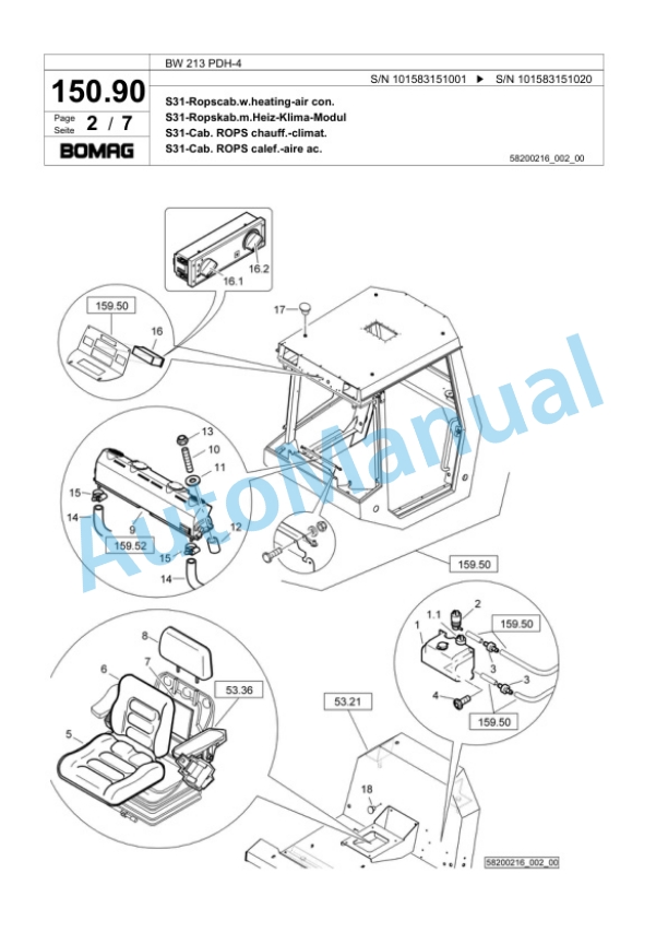 Bomag BW 213 PDH-4 Single Drum Wheel Drive Vibratory Roller Spare Parts Catalogue 00818121-4