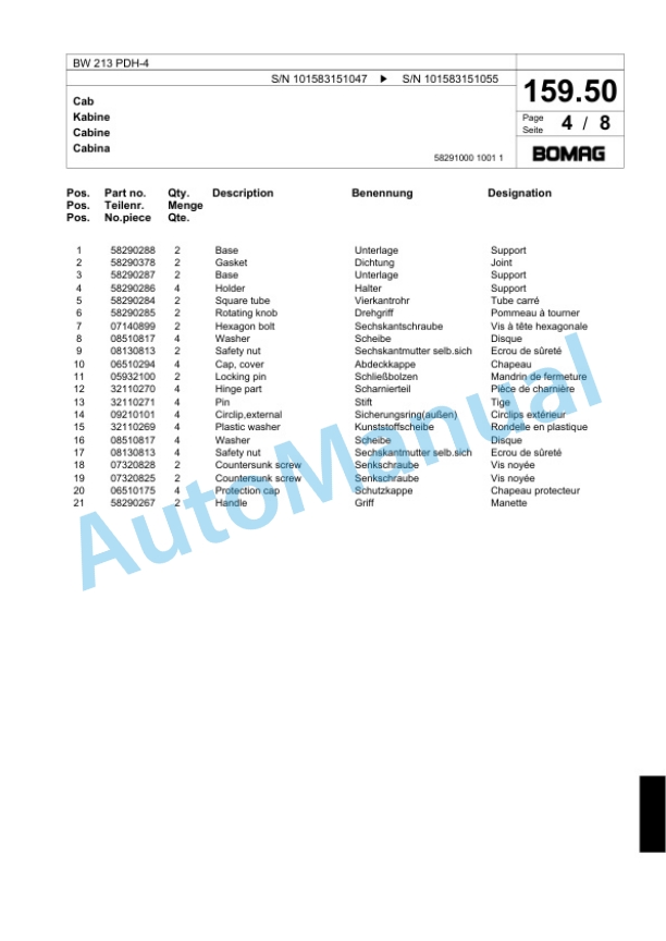Bomag BW 213 PDH-4 Single Drum Wheel Drive Vibratory Roller Spare Parts Catalogue 00824145-5