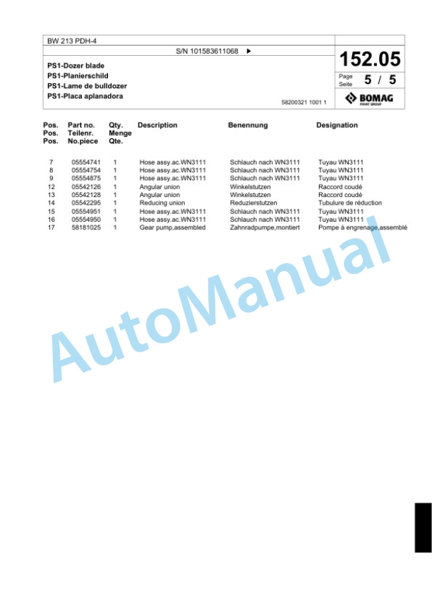 Bomag BW 213 PDH-4 Single Drum Wheel Drive Vibratory Roller Spare Parts Catalogue 00824423-5